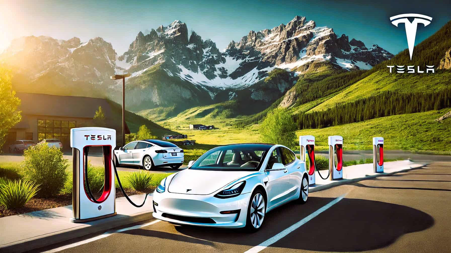 Tesla Model 3 charging with a supercharger