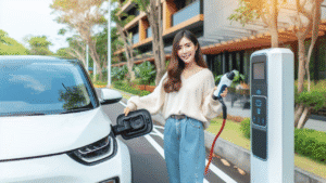 A person is charging their electric vehicle EV